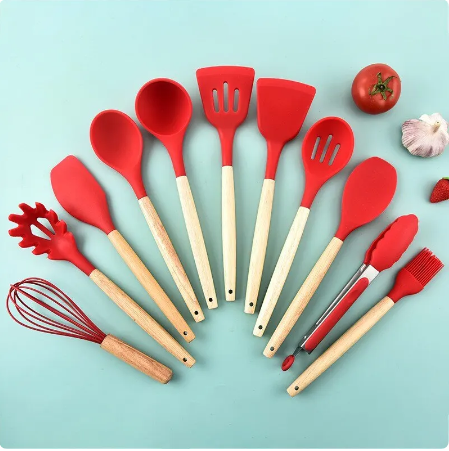 12Pcs/Set Wooden Handle Silicone Spoons